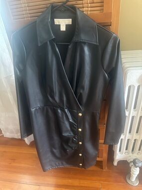 Michael Kors Black Faux Leather Wrap Dress with Gold Buttons